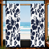 Navy Blue Hawaiian Flowers on White Window Curtains - Extremely Stoked® Eco Beach Luxe Collection - Large Scale