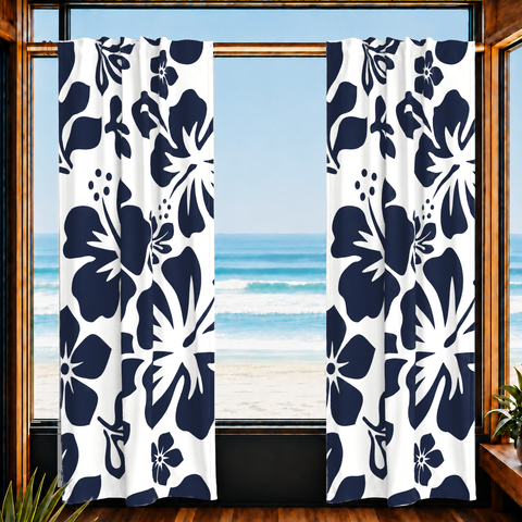 Navy Blue Hawaiian Flowers on White Window Curtains - Extremely Stoked® Eco Beach Luxe Collection - Large Scale