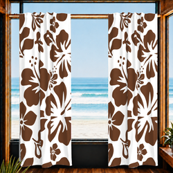 Chocolate Brown Hawaiian Flowers on White Window Curtains - Extremely Stoked® Eco Beach Luxe Collection - Large Scale