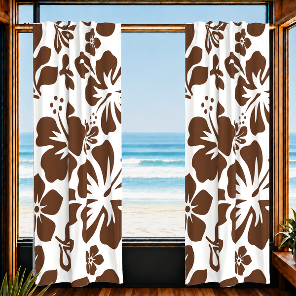 Chocolate Brown Hawaiian Flowers on White Window Curtains - Extremely Stoked® Eco Beach Luxe Collection - Large Scale