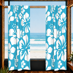White Hawaiian Flowers on Aqua Blue Window Curtains -  Extremely Stoked® Eco Beach Luxe Collection - Large Scale