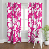 White Hawaiian Flowers on Hot Pink Window Curtains - Extremely Stoked® Eco Beach Luxe Collection - Large Scale