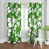 White Hawaiian Flowers on Fresh Green Window Curtains - Extremely Stoked® Eco Beach Luxe Collection - Large Scale