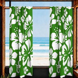 White Hawaiian Flowers on Fresh Green Window Curtains - Extremely Stoked® Eco Beach Luxe Collection - Large Scale