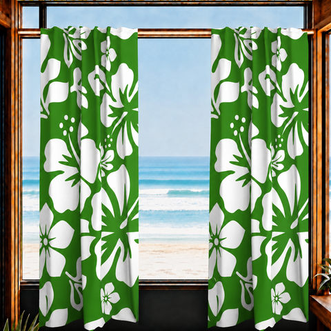 White Hawaiian Flowers on Fresh Green Window Curtains - Extremely Stoked® Eco Beach Luxe Collection - Large Scale