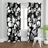 White Hawaiian Flowers on Black Window Curtains - Extremely Stoked® Eco Beach Luxe Collection - Large Scale