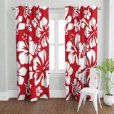 White Hawaiian Flowers on Red Window Curtains - Extremely Stoked® Eco Beach Luxe Collection - Large Scale