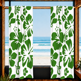 Fresh Green Hawaiian Flowers on White Window Curtains - Extremely Stoked® Eco Beach Luxe Collection - Large Scale