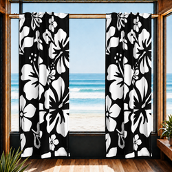 White Hawaiian Flowers on Black Window Curtains - Extremely Stoked® Eco Beach Luxe Collection - Large Scale