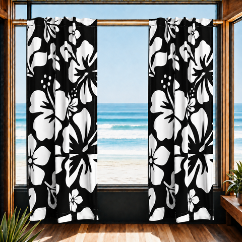 White Hawaiian Flowers on Black Window Curtains - Extremely Stoked® Eco Beach Luxe Collection - Large Scale