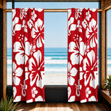 White Hawaiian Flowers on Red Window Curtains - Extremely Stoked® Eco Beach Luxe Collection - Large Scale