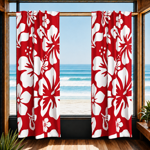 White Hawaiian Flowers on Red Window Curtains - Extremely Stoked® Eco Beach Luxe Collection - Large Scale