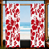 Red Hawaiian Flowers on White Window Curtains - Extremely Stoked® Eco Beach Luxe Collection - Large Scale