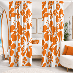 Orange Hawaiian Flowers on White Window Curtains - Extremely Stoked® Eco Beach Luxe Collection - Large Scale