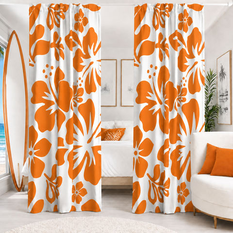 Orange Hawaiian Flowers on White Window Curtains - Extremely Stoked® Eco Beach Luxe Collection - Large Scale