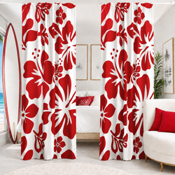 Red Hawaiian Flowers on White Window Curtains - Extremely Stoked® Eco Beach Luxe Collection - Large Scale