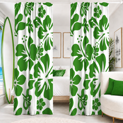 Fresh Green Hawaiian Flowers on White Window Curtains - Extremely Stoked® Eco Beach Luxe Collection - Large Scale