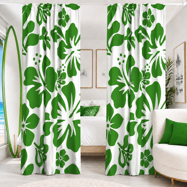 Fresh Green Hawaiian Flowers on White Window Curtains - Extremely Stoked® Eco Beach Luxe Collection - Large Scale