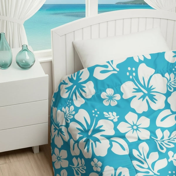 aqua blue and white hawaiian flowers comforter