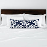 Navy Blue and White Hawaiian Flowers Extra Long Lumbar Throw Pillow