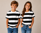 Black & White Beach Stripe Youth T-Shirt with Palm Tree & Surfboard Logo – Extremely Stoked® Surf Style