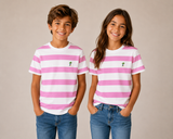 Pink & White Beach Stripe Youth T-Shirt with Palm Tree & Surfboard Logo – Extremely Stoked® Surf Style