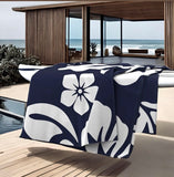 Navy Blue and White Hibiscus and Hawaiian Flowers Minky Throw Blanket
