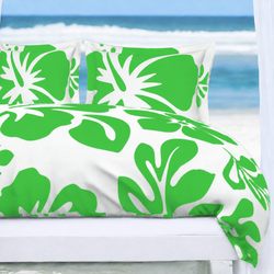 Lime Green Hawaiian_Flowers_on_White_Duvet_Cover_Large_Scale_Extremely_Stoked_Eco_Luxe_Beach_Bedding