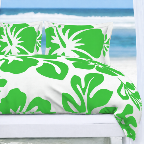Lime Green Hawaiian_Flowers_on_White_Duvet_Cover_Large_Scale_Extremely_Stoked_Eco_Luxe_Beach_Bedding