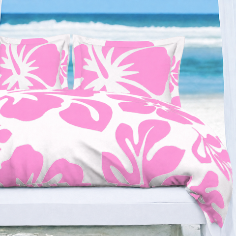 Pink Hawaiian Flowers on White Duvet Cover – Large Scale – Extremely Stoked® Eco Luxe Beach Bedding
