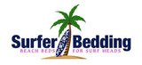 Surfer Bedding logo with palm tree and surfboard on a white background