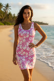 Pink dress with white hawaiian floral pattern 