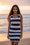 Navy Blue & White Beach Stripe Bodycon Tank Dress with Palm Tree & Surfboard Logo – Extremely Stoked® Surf Style