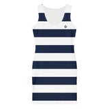 Navy Blue & White Beach Stripe Bodycon Tank Dress with Hibiscus Flower Logo – Extremely Stoked® Surf Style