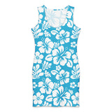 Aqua Blue & White Hawaiian Flowers Cotton Bodycon Dress – Aloha Tank Dress | Extremely Stoked® Summer Beach Style