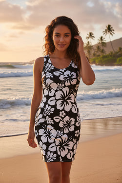 Black & White Hawaiian Flowers Cotton Bodycon Dress – Aloha Tank Dress | Extremely Stoked® Summer Beach Style