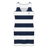 Navy Blue & White Beach Stripe Cotton Bodycon Dress – Palm Tree Surfboard Logo | Extremely Stoked® Classic Surf Style