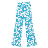 White and Aqua Blue Hawaiian Flowers Flare Leggings - Extremely Stoked