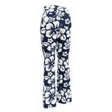 White and Navy Blue Hawaiian Flowers Flare Leggings - Extremely Stoked