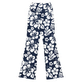 White and Navy Blue Hawaiian Flowers Flare Leggings - Extremely Stoked