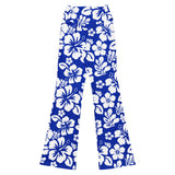 White and Royal Blue Hawaiian Flowers Flare Leggings - Extremely Stoked