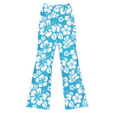 White and Aqua Blue Hawaiian Flowers Flare Leggings - Extremely Stoked