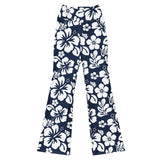 White and Navy Blue Hawaiian Flowers Flare Leggings - Extremely Stoked