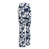 White and Navy Blue Hawaiian Flowers Flare Leggings - Extremely Stoked