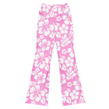 White and Pink Hawaiian Flowers High Waist Flare Leggings - Extremely Stoked