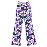 Navy, Purple and White Hawaiian Flowers Flare Leggings - Extremely Stoked