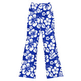 White and Royal Blue Hawaiian Flowers Flare Leggings - Extremely Stoked