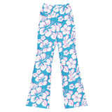 Aqua Blue, Pink and White Hawaiian Flowers Flare Leggings - Extremely Stoked