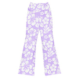 White and Lavender Hawaiian Flowers High Waist Flare Leggings - Extremely Stoked