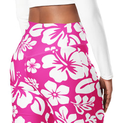 White and Hot Pink Hawaiian Flowers High Waist Flare Leggings